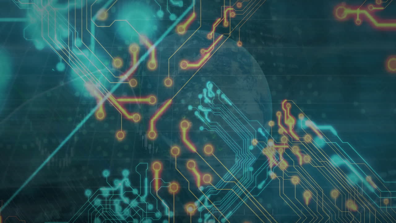 Animation of illuminated circuit board pattern and rotating globe over abstract background