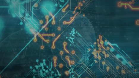 Animation of illuminated circuit board pattern and rotating globe over abstract background