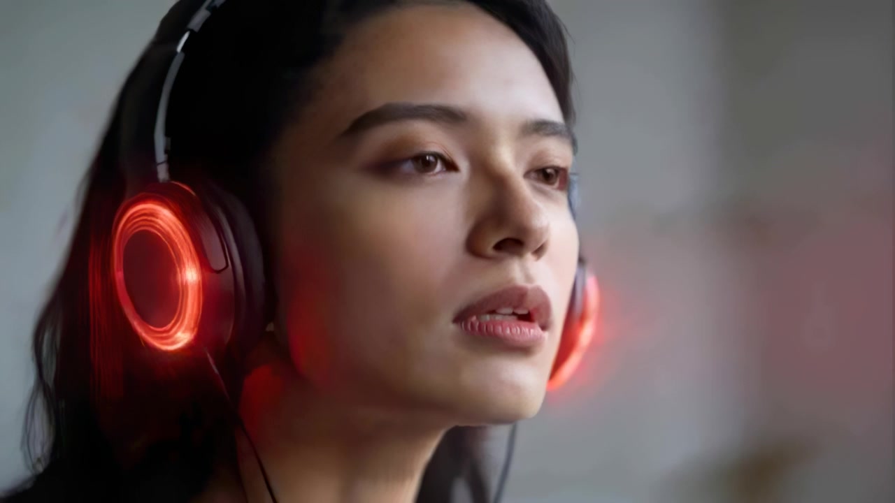 Memiringkan kepala dan membuka mata wanita dewasa mendemonstrasikan headphone over-ear LED di dalam ruangan, cincin merah