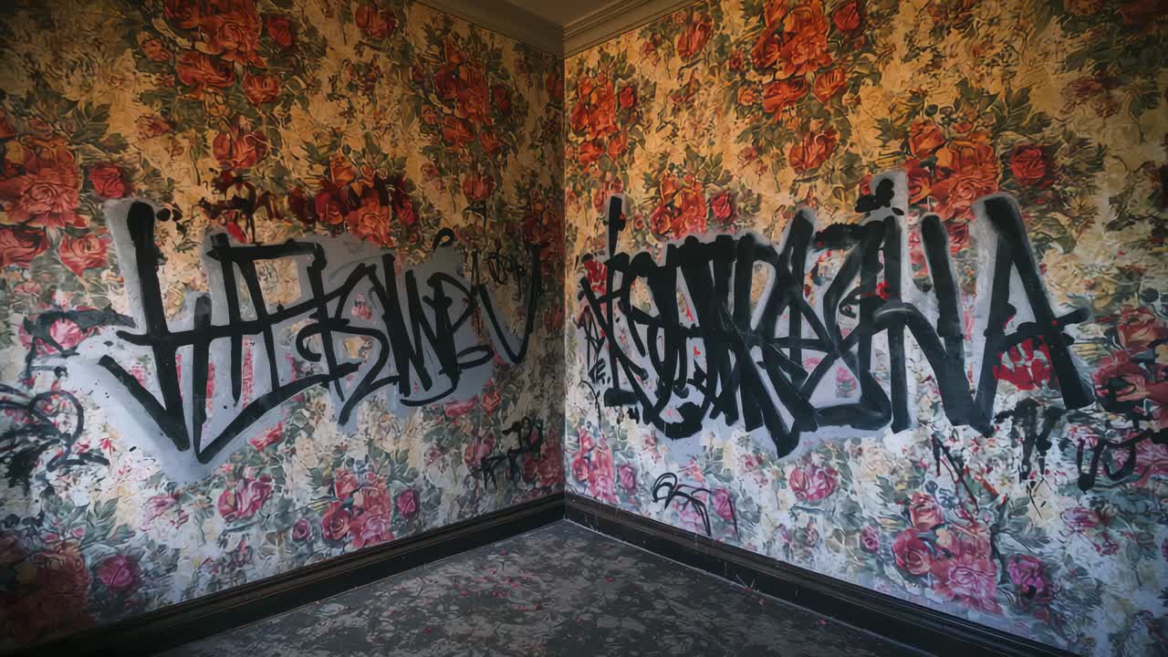 Panorering med kamera, der afslører sorte graffitimærker på blomstret tapet i et slidt rum, som viser malingspletter