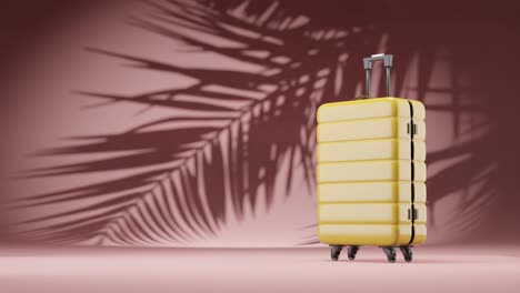 Reiseurlaubskonzept-3D-Rendering-Animation-Eines-Gepäckkoffers-Mit-Palmenblatt-In-Rotem-Hintergrund