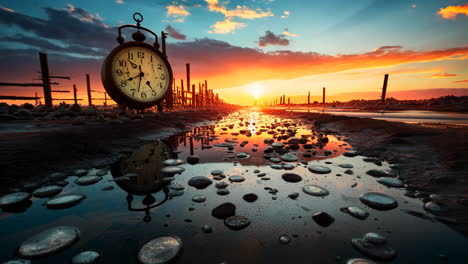 antique pocket watch by water reflection at sunset in coastal marsh