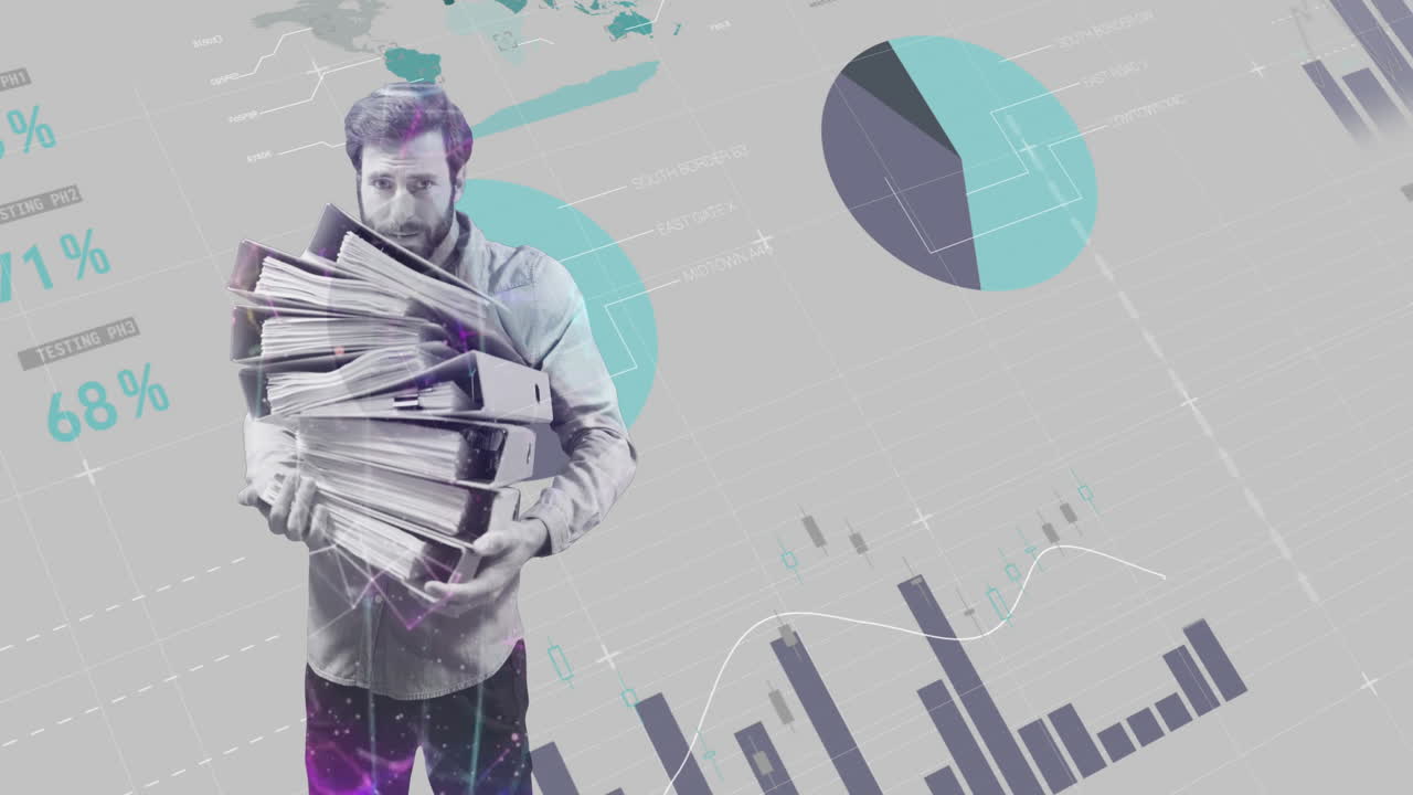 hombre con una pila de archivos contra el procesamiento de datos estadísticos