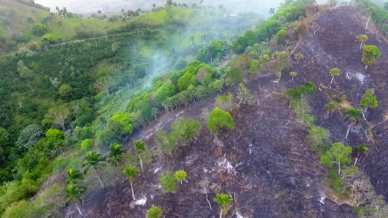 vista aérea de los incendios forestales tropicales humeantes que arden, en las montañas de portugal, europa - seguimiento, disparo de drones