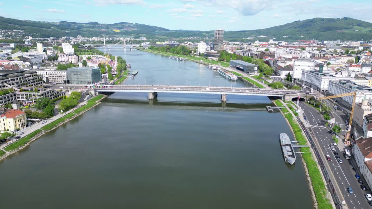 Nibelungenbrucke, Nibelungen Bridge Over Danube River In Linz, Austria. - aerial shot