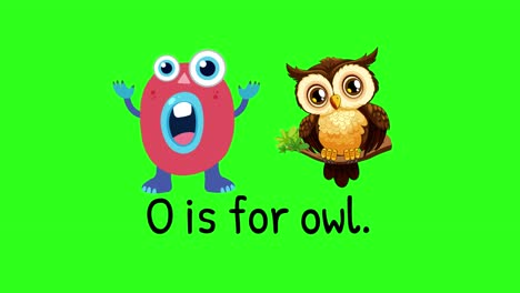 colorful animation with a playful character and owl on a green background, teaching the letter 'o'