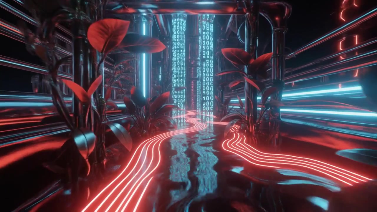 Futuristic Cyberpunk Corridor with Glowing Neon Plants and Digital Data Stream