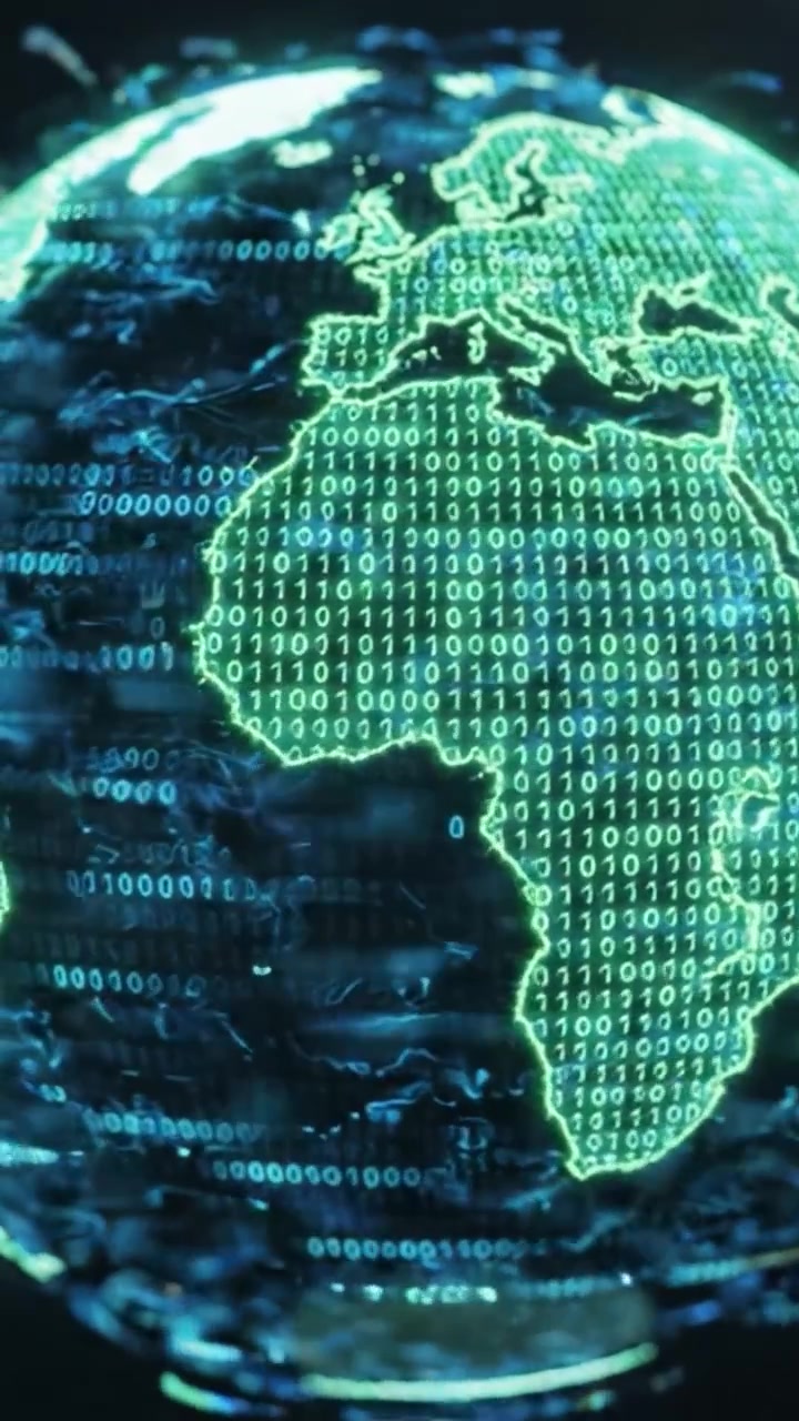 A Digital Representation of the World Map Displaying Binary Code, Showcasing the Interconnection of Technology and Global Information Flow