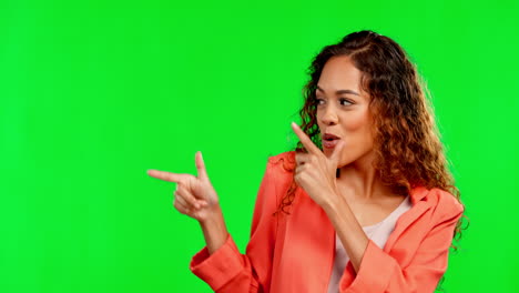 Flirt,-green-screen-and-woman-with-finger-guns