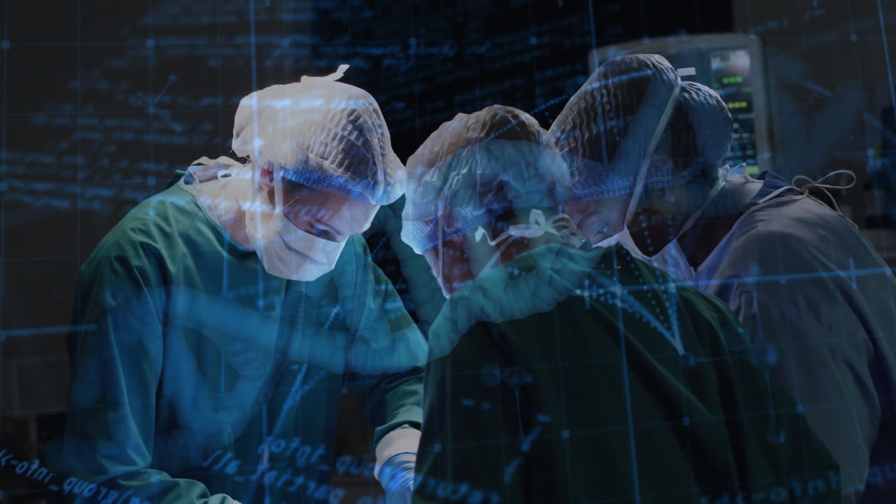 In school, animation overlaying medical environment as surgeons performing operation