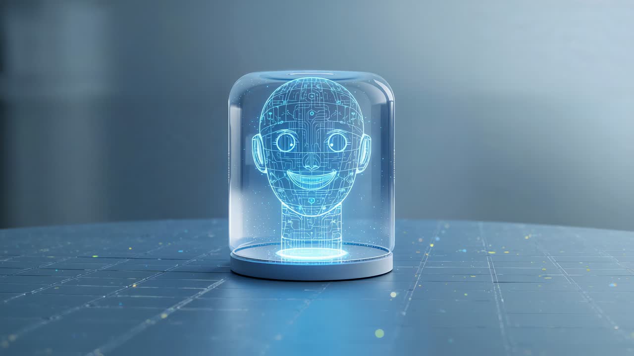 Base pulsante che attiva l'illuminazione dell'ologramma della testa, sorridente, che ruota nella cupola sul tavolo a griglia per la demo