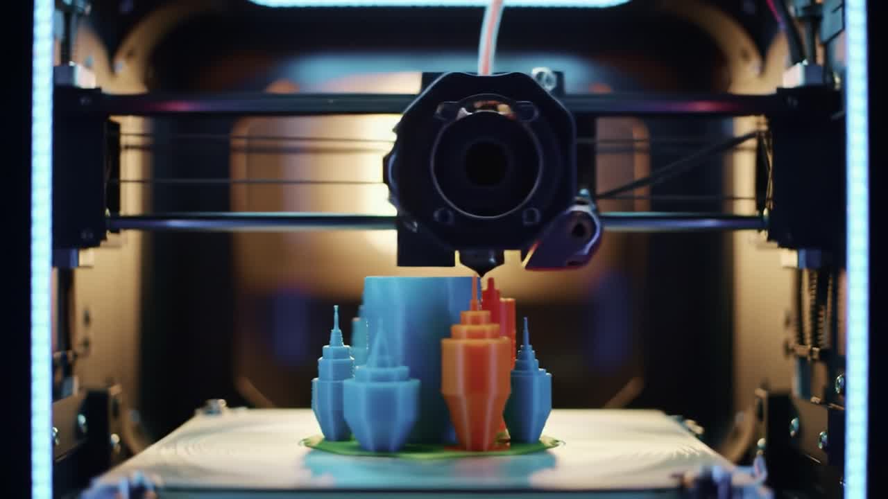 Innovative 3D Printing Process Captured: A 3D Printer in Action Creating Vibrant Multicolored Structures, Showcasing Advanced Technology and Creative Potential