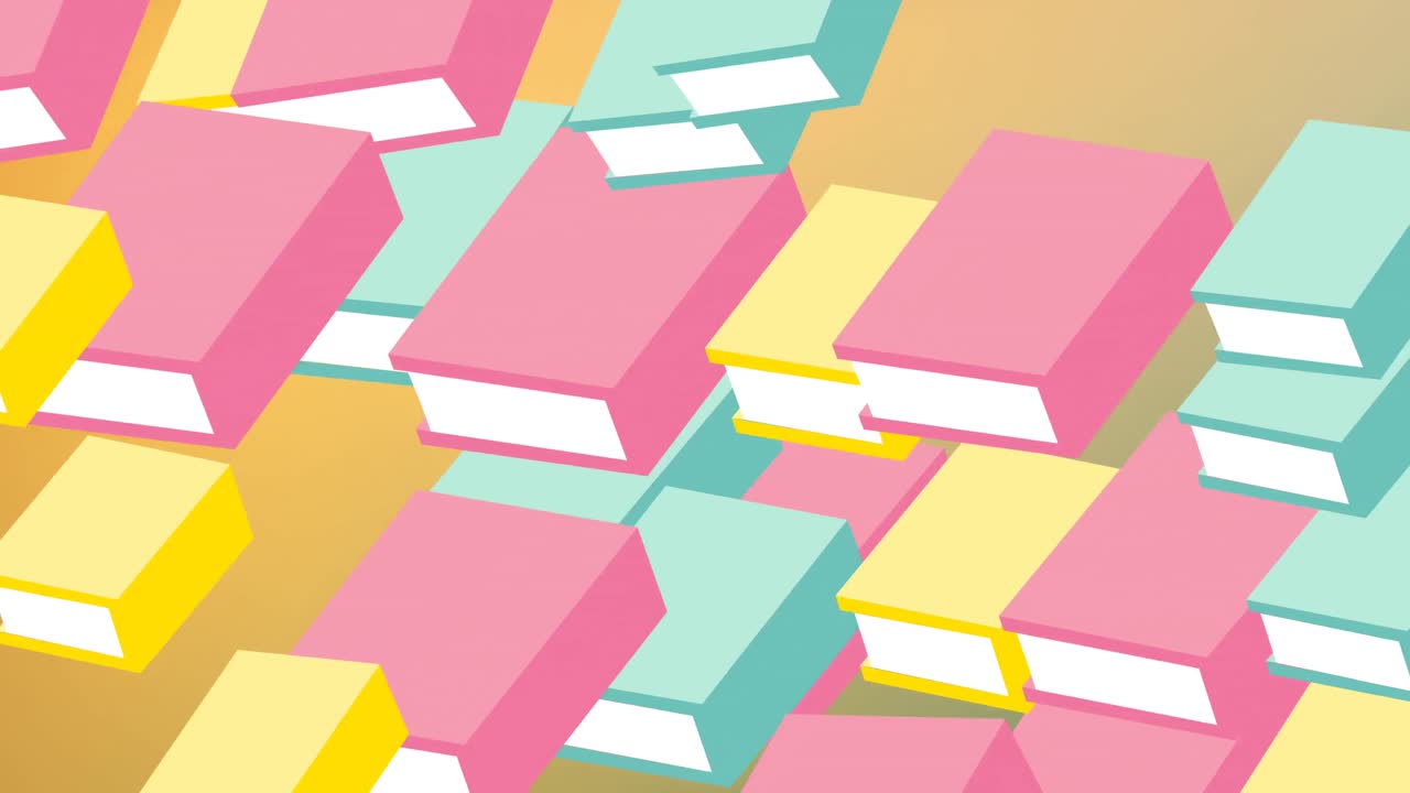 animación de una multitud de libros rosados, verdes y amarillos flotando sobre un fondo marrón
