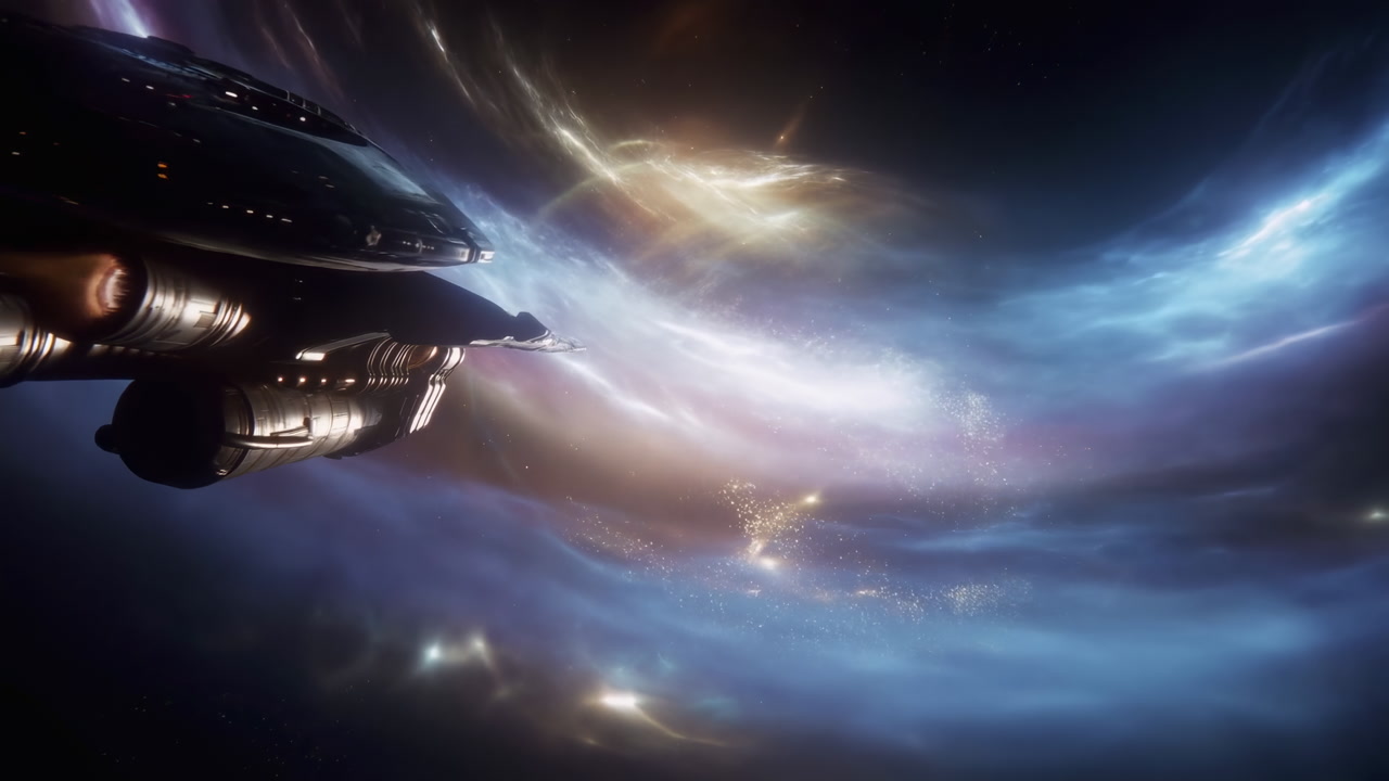 Starship Gliding Through Colorful Nebula Field, Captain Viewpoint Reveals Glowing Thrusters, Streaming