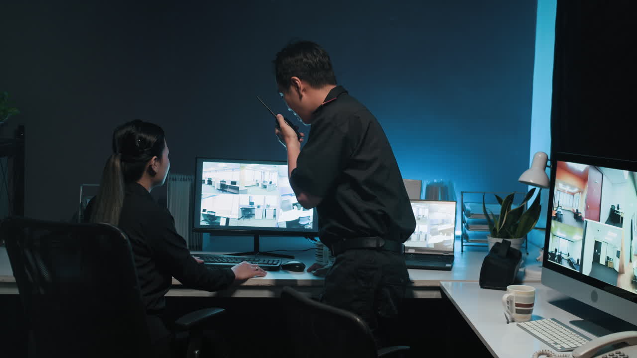 Guards Cooperating while Checking CCTV Cameras at Office