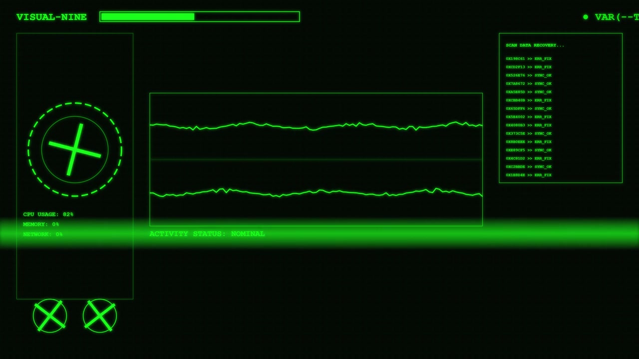 Futuristic Green Digital Interface Displaying System Data and Waveforms