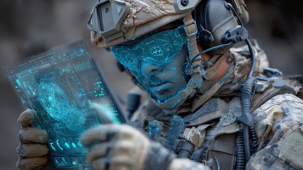 Futuristic Soldier Analyzing Holographic Data Display in High-Tech Military Gear during Tactical Operations