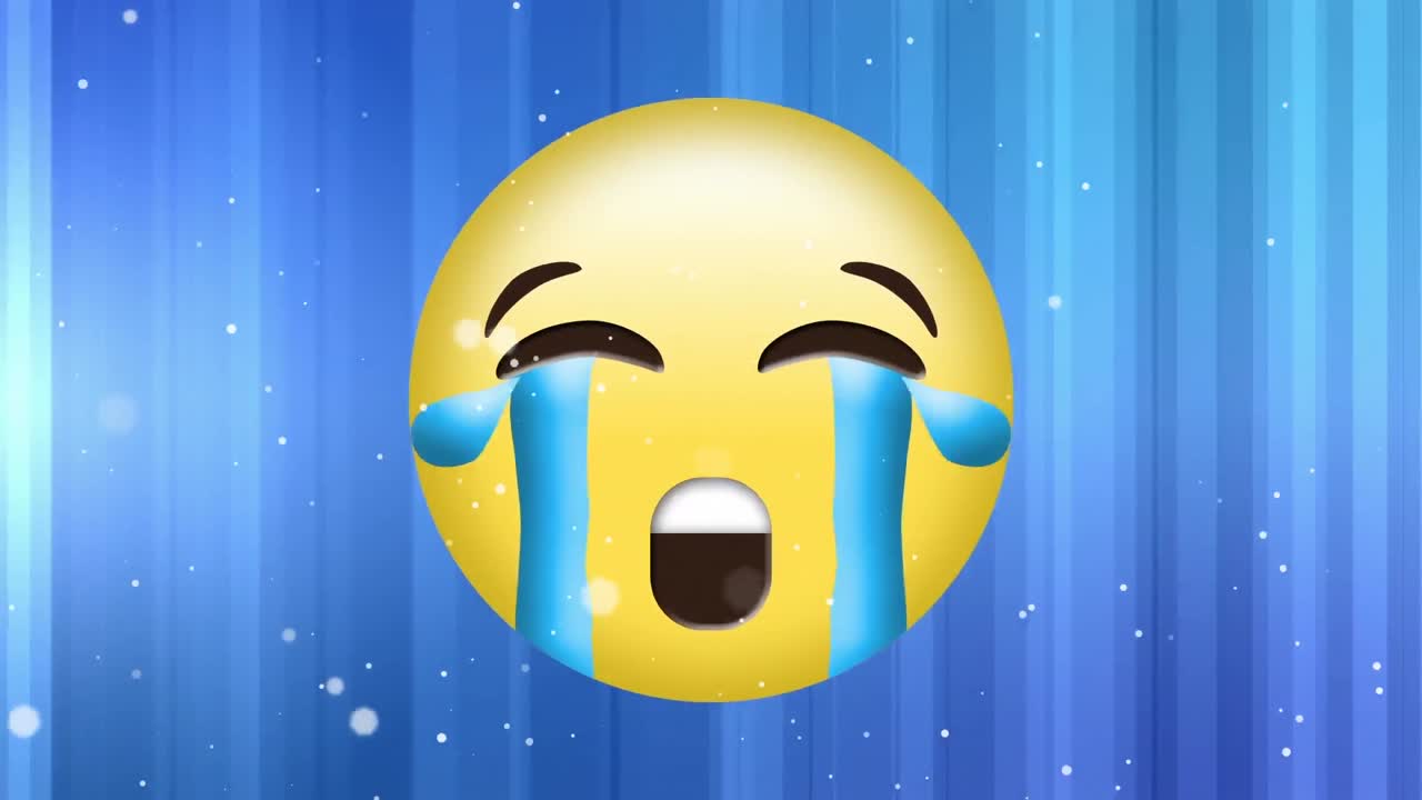 파란색 줄무 ⁇  바탕에 울고 있는 이모지 위에 움직이는 빛의  ⁇  반점의 애니메이션
