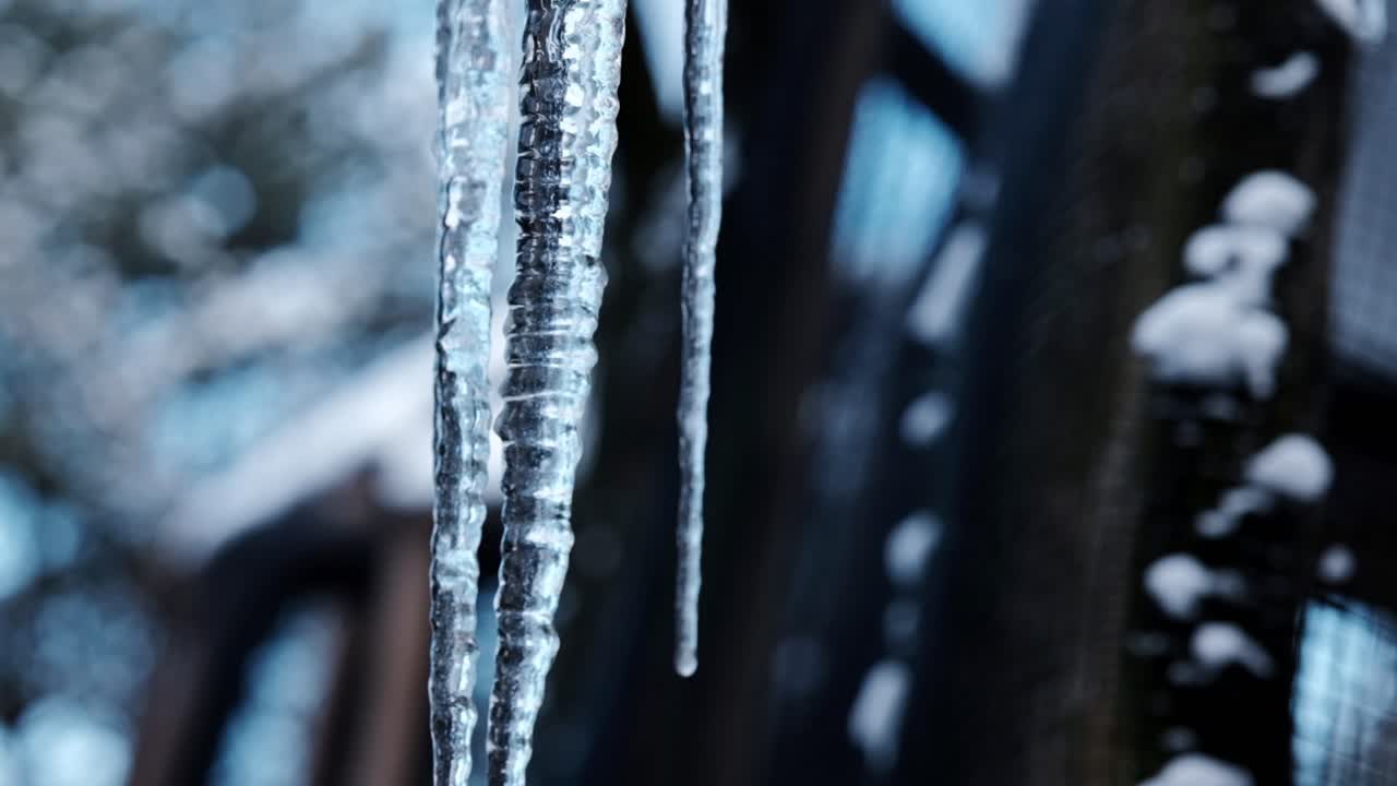 Impressive large icicle formation in extreme cold weather conditions in the depth of winter in Europe