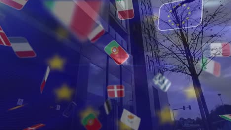 Animación-De-Banderas-De-Naciones-Europeas-Con-Bandera-De-La-Unión-Europea,-Sobre-Edificio-Moderno