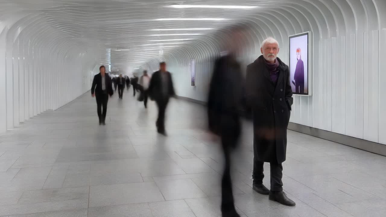 A solitary figure stands amidst a bustling crowd in a modern tunnel, capturing the essence of urban life where motion and stillness converge in a striking visual narrative