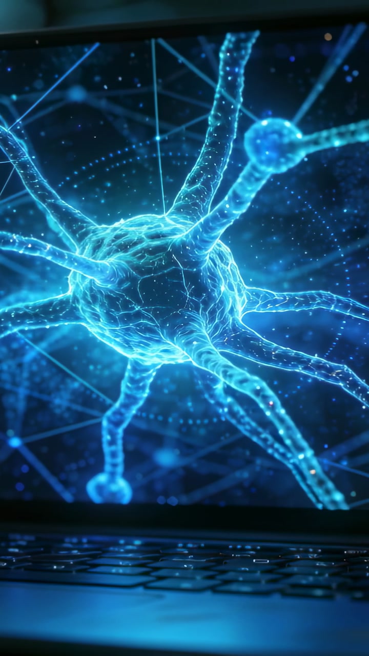 Vertical video: Starting filming, camera moving in to reveal glowing neuron on laptop, keys blurred