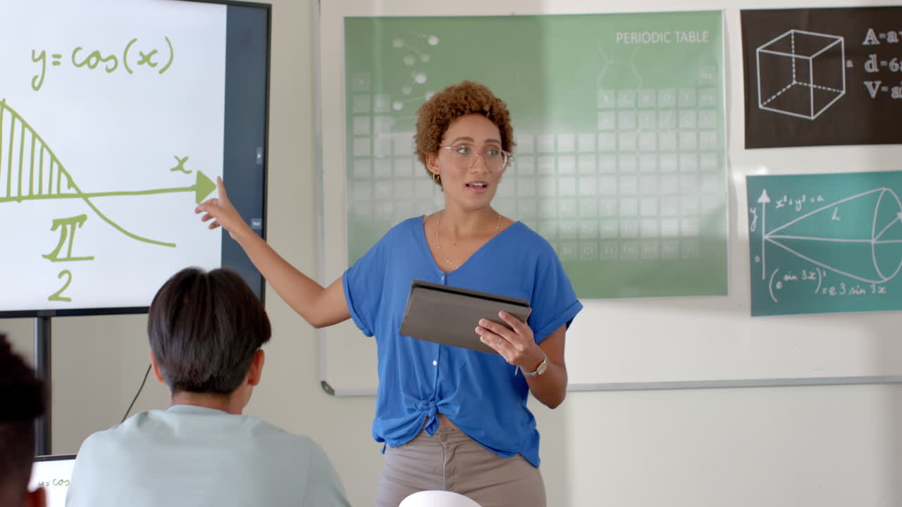 Teaching math, woman holding tablet and pointing at whiteboard in high school classroom