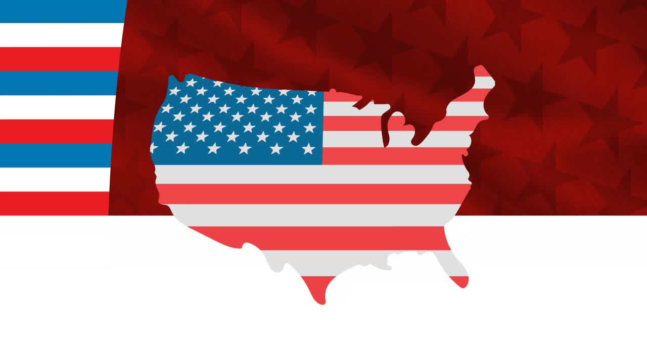 Animazione di una mappa degli Stati Uniti colorata come la bandiera americana su uno sfondo di stelle e strisce.