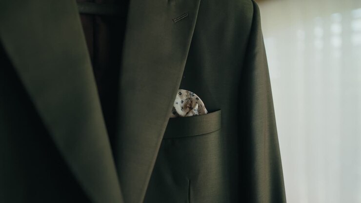 Brudgommens dressjakke med brettet lommetørkle-detalj innendørs.