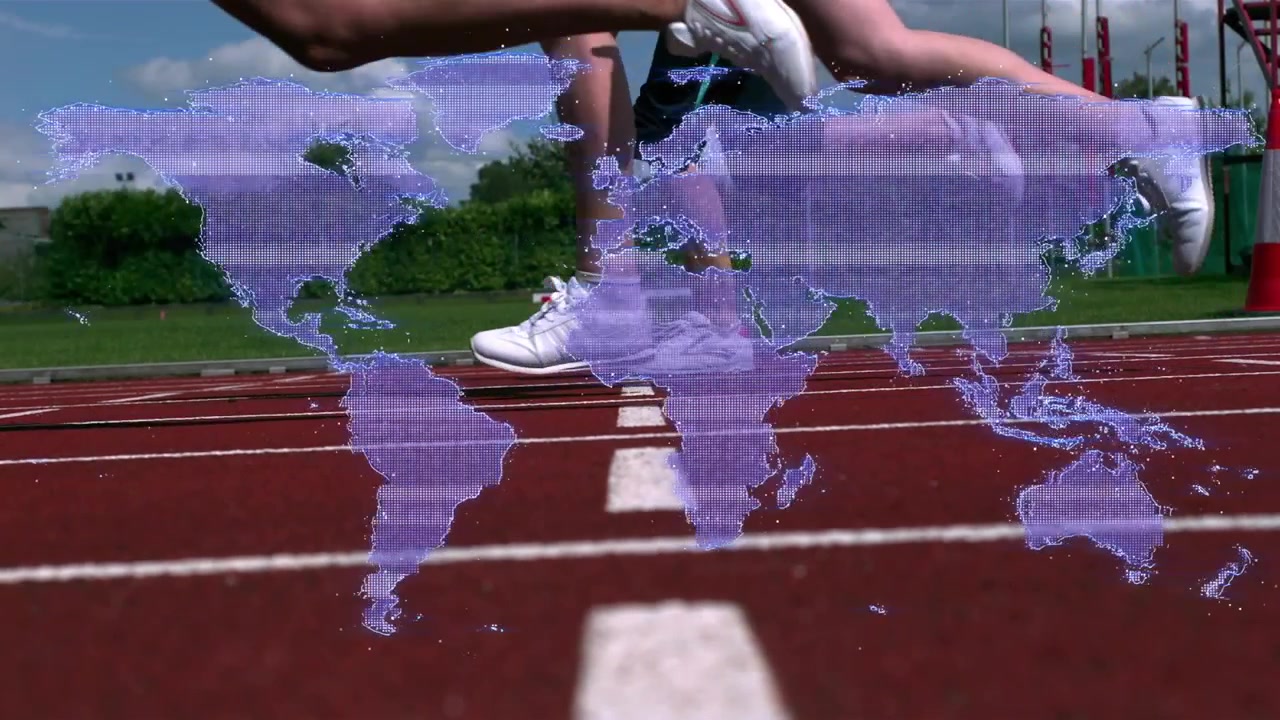 Tiro de largada, corredores impulsionando-se dos blocos, passando rapidamente pela lente, correndo com um mapa roxo pontilhado dinâmico