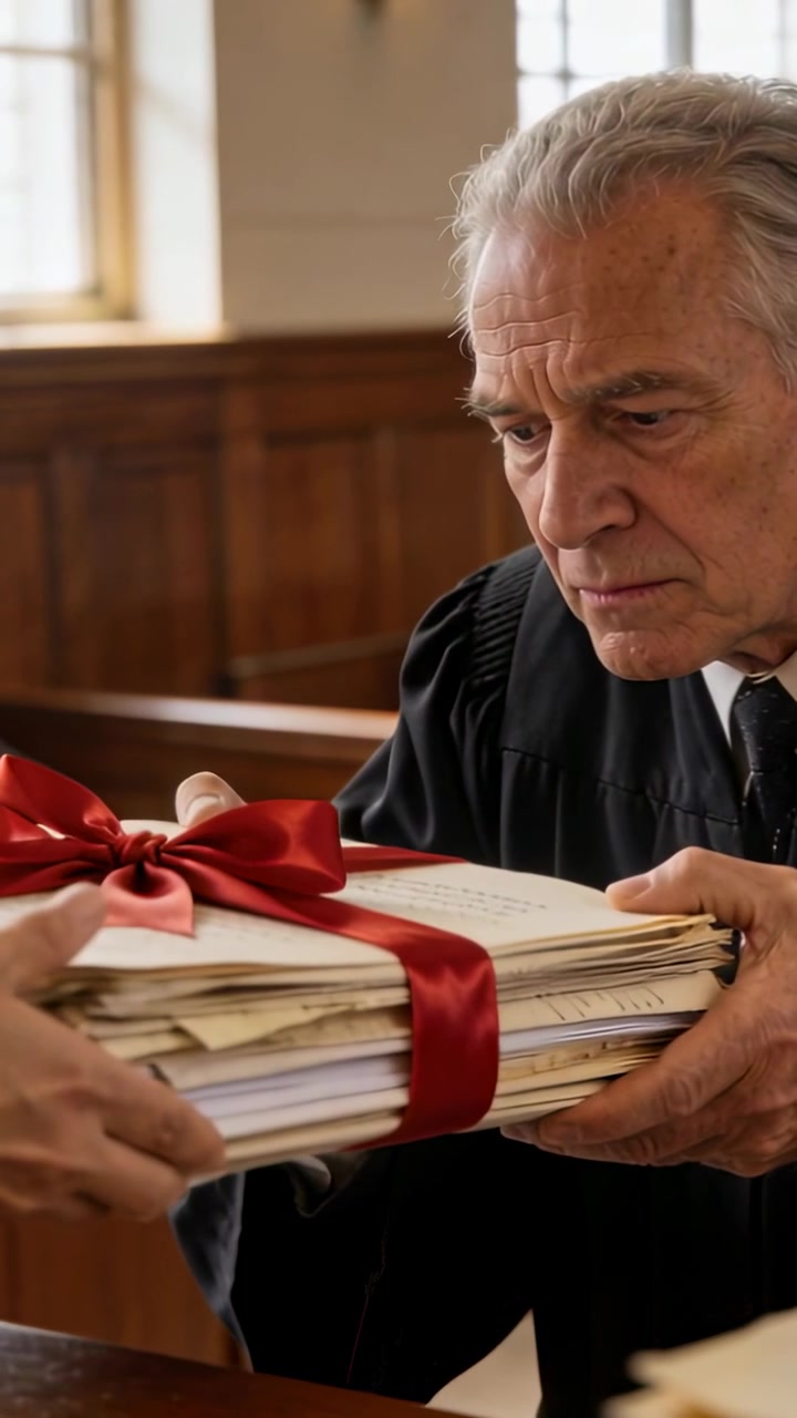 Vertical video: Left hand extending, judge in robe taking red-ribboned papers at bench for review