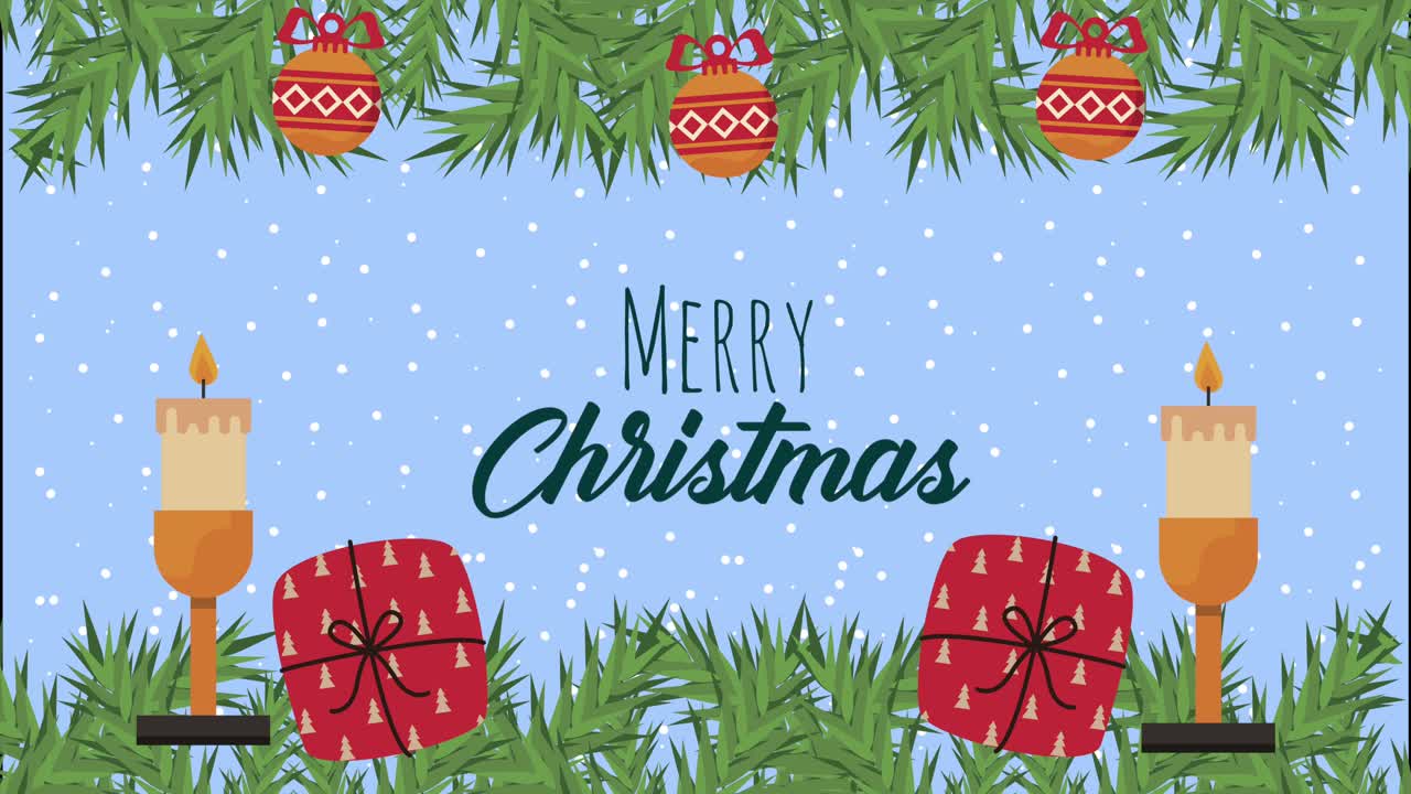 merry christmas lettering leafs frame animation