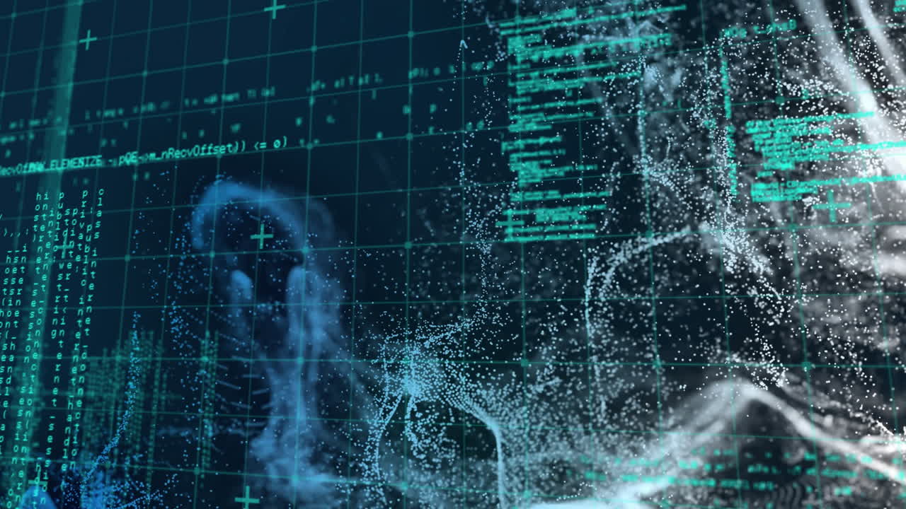 Animation of data processing with glowing light trails