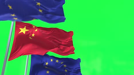 las banderas de china y la unión europea ondeando con pantalla verde en el fondo