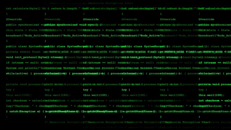 Scrolling Green Java Programming Code on Dark Background