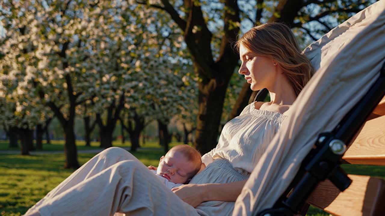 Mor og baby slapper af i en park