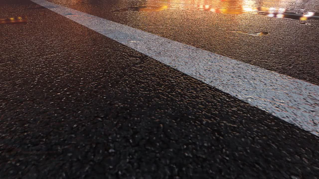3D Heavy Rain Hitting Road At Night - 4K Realistic Rain Particle (Loopable) - Rainy Day on a colorful street with traffic - Wet Road At Night - Low angle shot of in the rain - Rainfall And Reflection On Road - Loopable Moving Image - Germany - Frankfurt