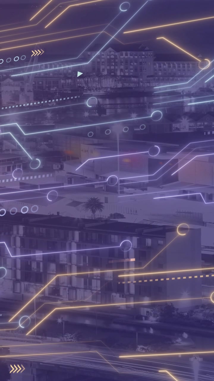 Animation of data processing, cityscape and connections