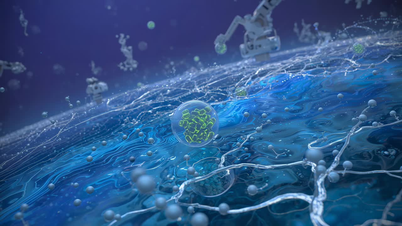 Hovering vesicle with green structures above membrane in lab while manipulator approaching to probe