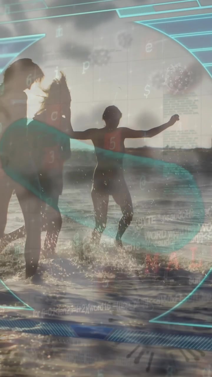 Animazione di cellule del virus Covid-19 su uno schermo con dati e diversi amici in spiaggia
