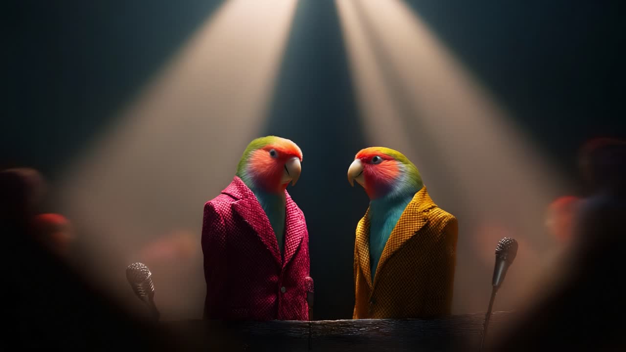 Two Vibrantly Dressed Parrots Stand Confidently on Stage Under a Spotlight, Engaged in a Captivating Debate That Enthralls the Audience Around Them with Colorful Attire and Expressive Stance