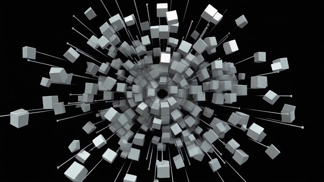 Abstract 3D Animation of Expanding White Cubes on Black Background
