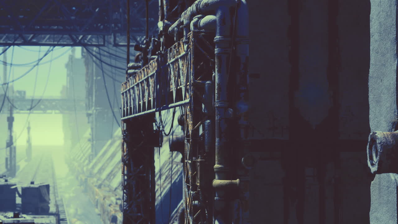 Industrial architecture showcasing pipes and structures in a vast space
