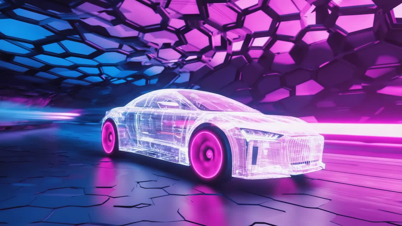 Futuristic Transparent Car with Neon Lights in Hexagonal Tunnel
