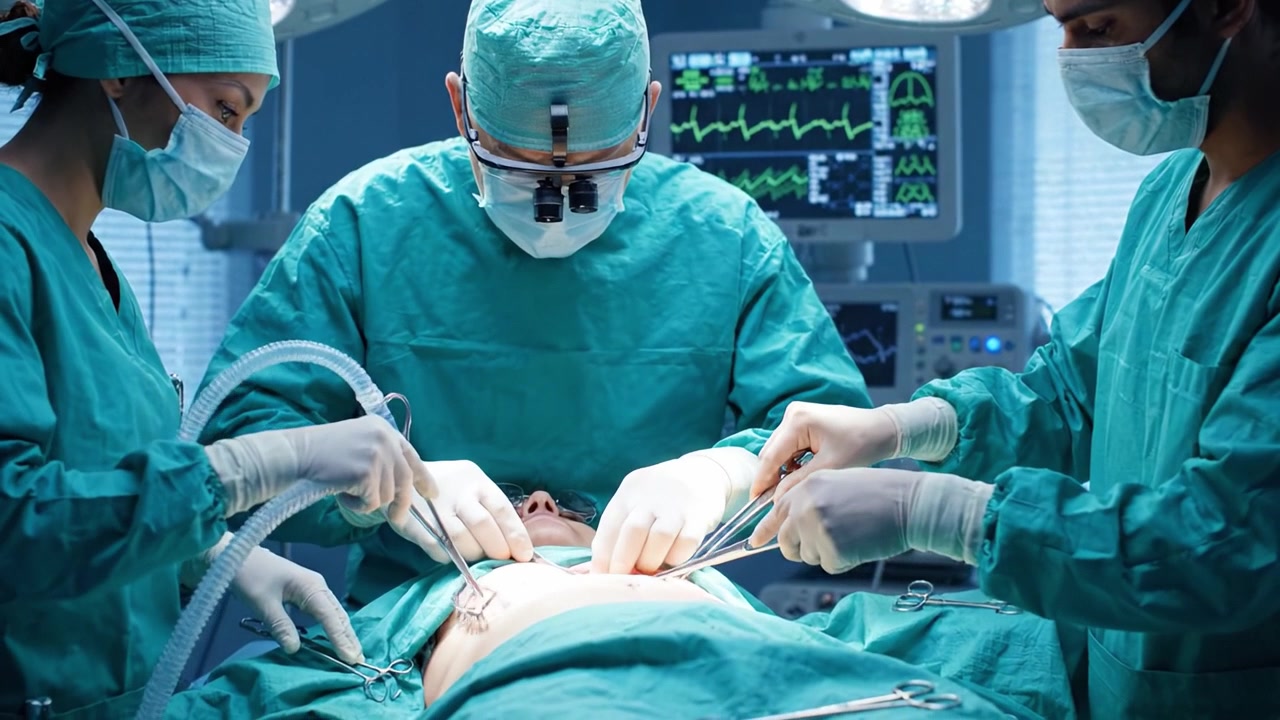 Medicinsk team udfører kirurgisk operation: Dygtige kirurger og sygeplejersker samarbejder på en moderne operationsstue under skarpt operationslys.