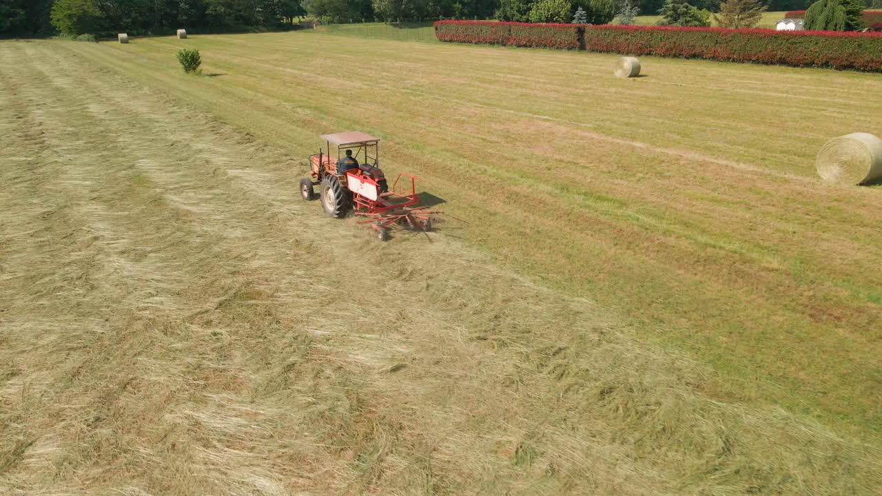 rastrillo giratorio adjunto a un tractor heno cortado en hileras para secar en las tierras de cultivo en italia