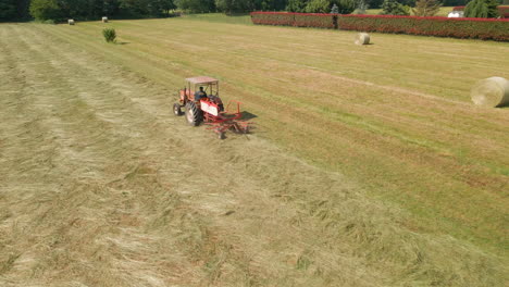 rotary rake attached to a tractor windrowing cut hay for drying at the farmland in italy