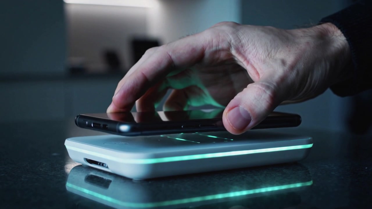 Mano adulta che entra da destra e posiziona uno smartphone su un caricabatterie bianco sul bancone della cucina per caricarlo