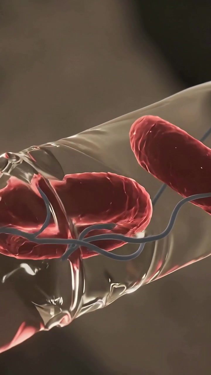 Vertical video: Appearing blue filament trapping red blood cells inside capillary lumen, clotting