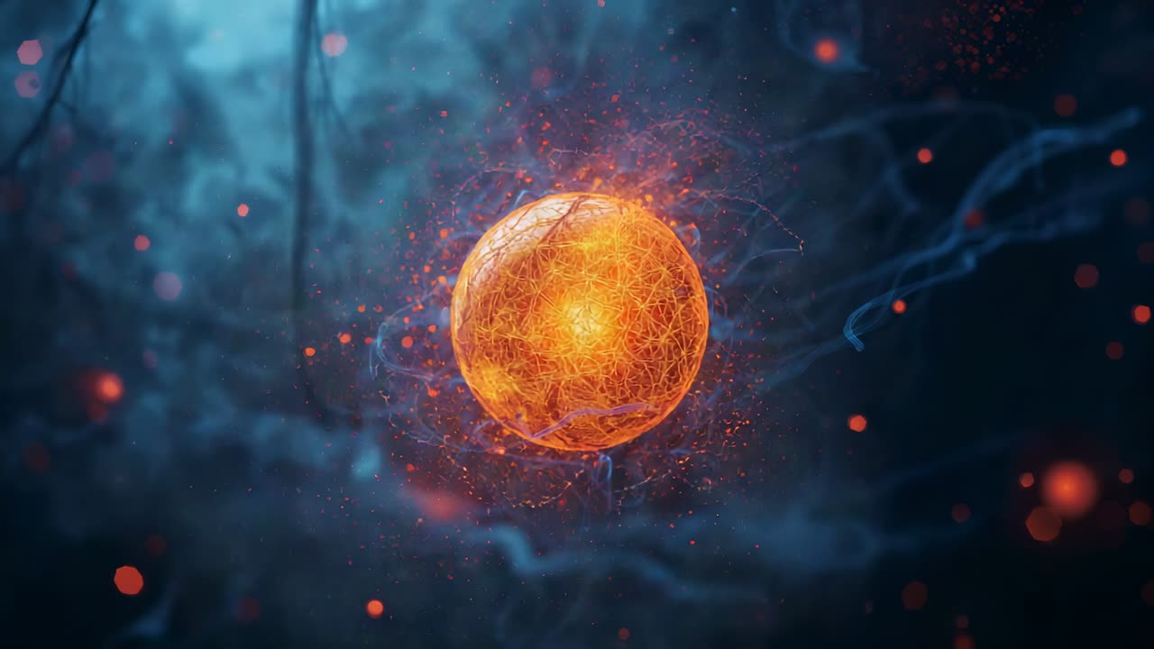 Pulsing orb rotating amid misty blue tendrils, following core glow and releasing ember particles